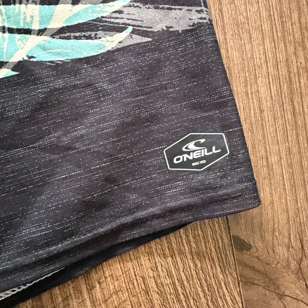 O'Neill Hyperfreak Board Shorts Mens 34 Black Teal Tropical Palm Swim Surf